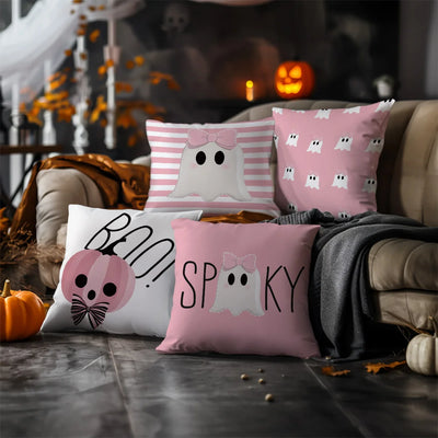 [Halloween Throw Pillow Covers] 4pcs Autumn Halloween Cute Pink Illustration Pillow Covers,Suitable for Living Room Sofa Bedroom