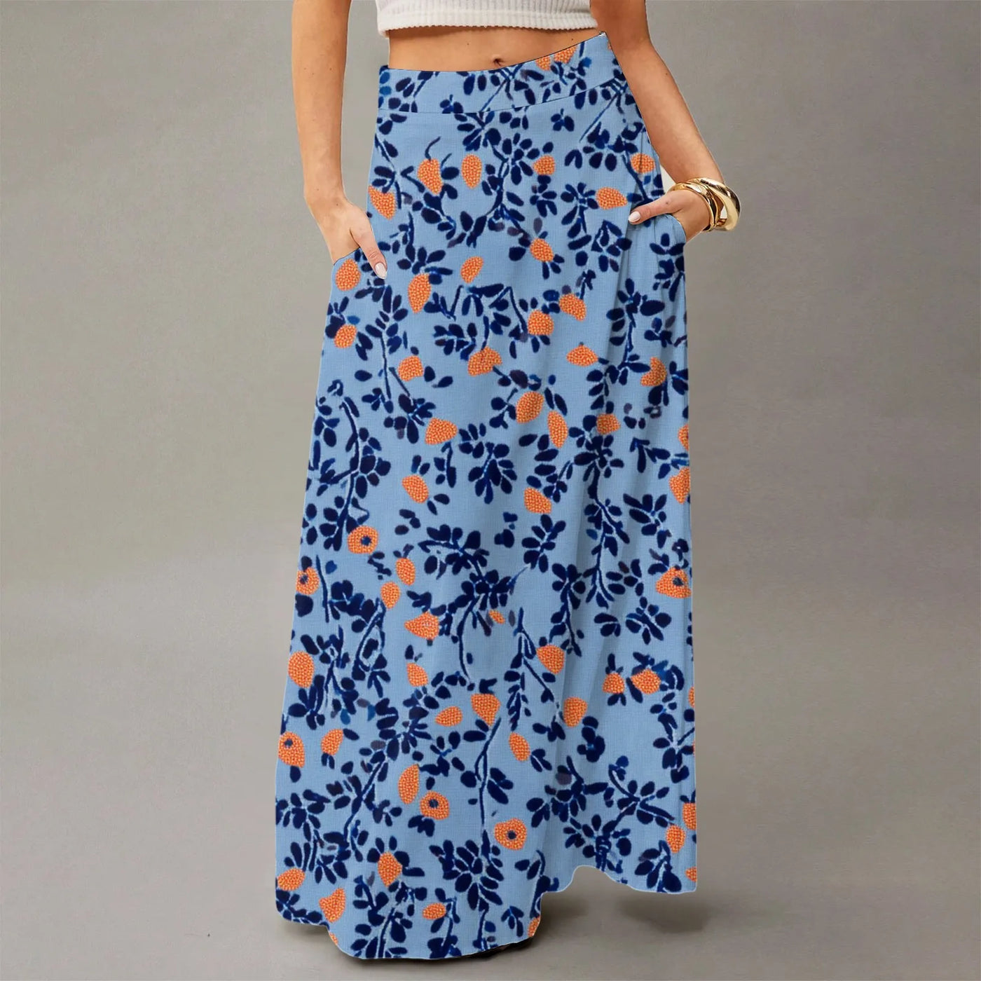 Summer casual skirt for women high waisted stretch printed skirt with pockets loose flowing long skirts fashion beach skirt
