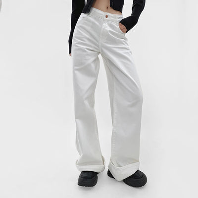 Wide-Leg Cuffed Denim Jeans – Classic High-Waisted Casual Fit in Multiple Washes
