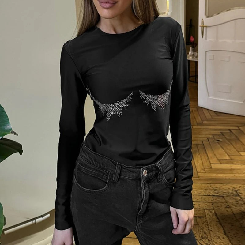 Casual Simple Fashion Street Tops Women'S Autumn New Solid Color Round Neck Hot Drilling Sexy Long Sleeve T-Shirt Tops