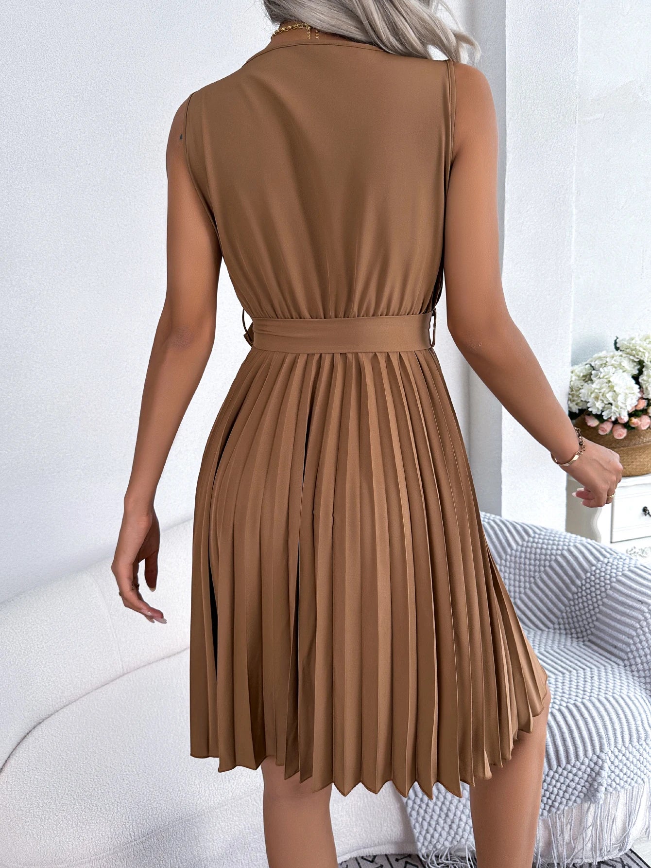 Casual V Neck Solid Sleeveless Versatile Pleated Dress, Women's Clothing