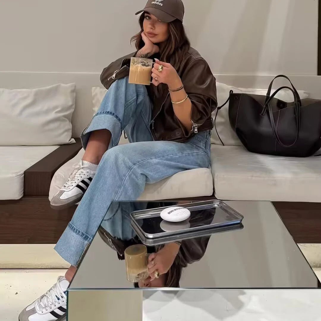 Wide-Leg Cuffed Denim Jeans – Classic High-Waisted Casual Fit in Multiple Washes