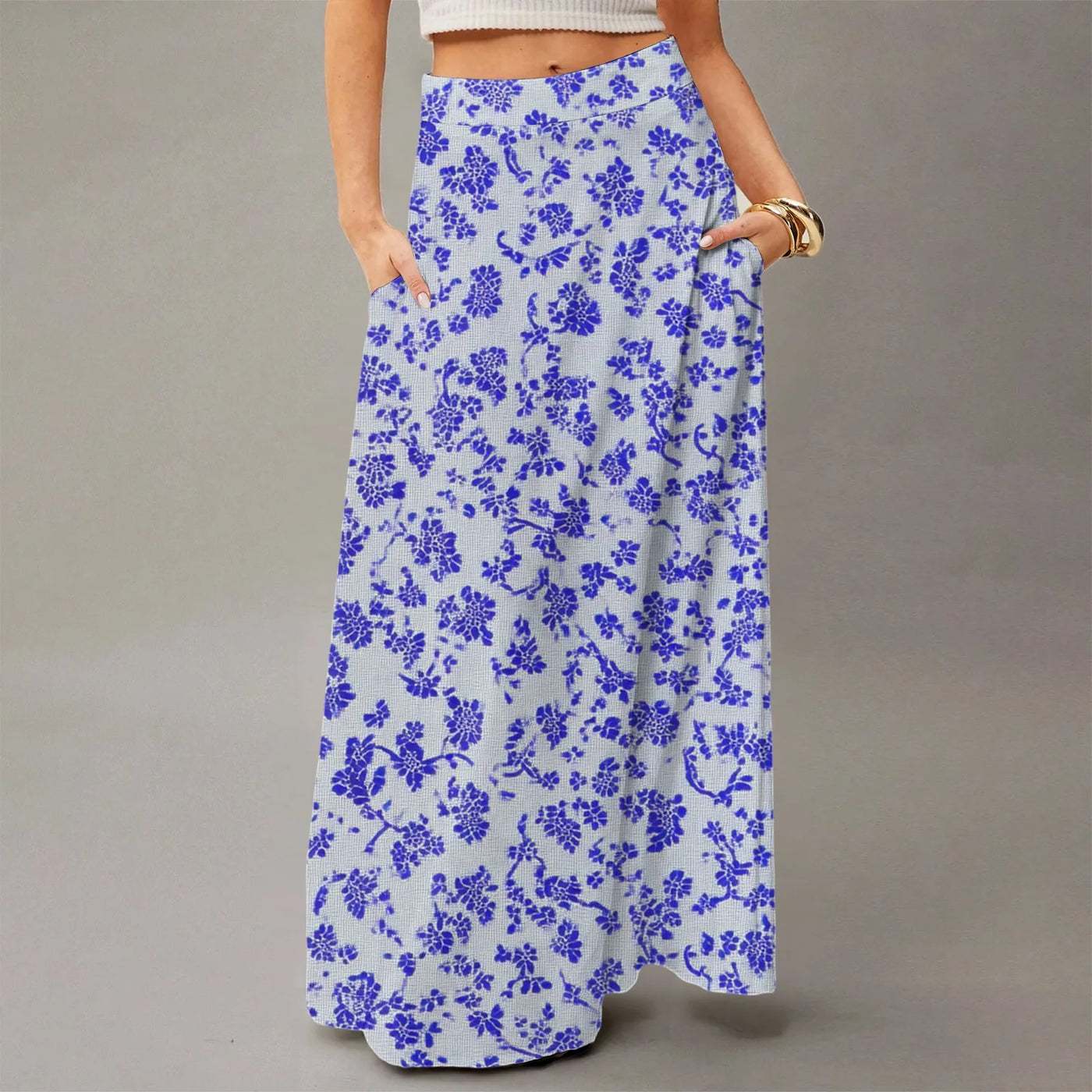 Summer casual skirt for women high waisted stretch printed skirt with pockets loose flowing long skirts fashion beach skirt
