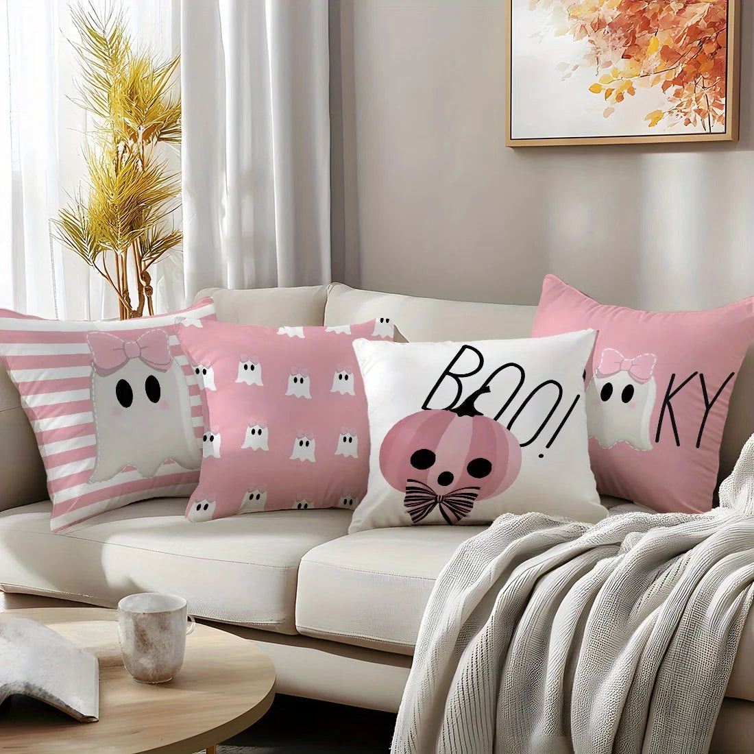 [Halloween Throw Pillow Covers] 4pcs Autumn Halloween Cute Pink Illustration Pillow Covers,Suitable for Living Room Sofa Bedroom