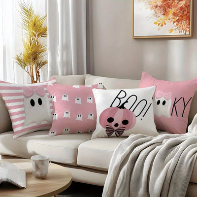 [Halloween Throw Pillow Covers] 4pcs Autumn Halloween Cute Pink Illustration Pillow Covers,Suitable for Living Room Sofa Bedroom
