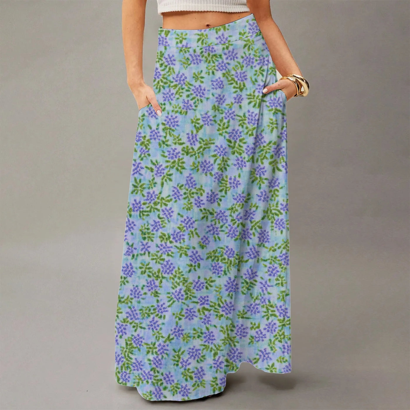 Summer casual skirt for women high waisted stretch printed skirt with pockets loose flowing long skirts fashion beach skirt