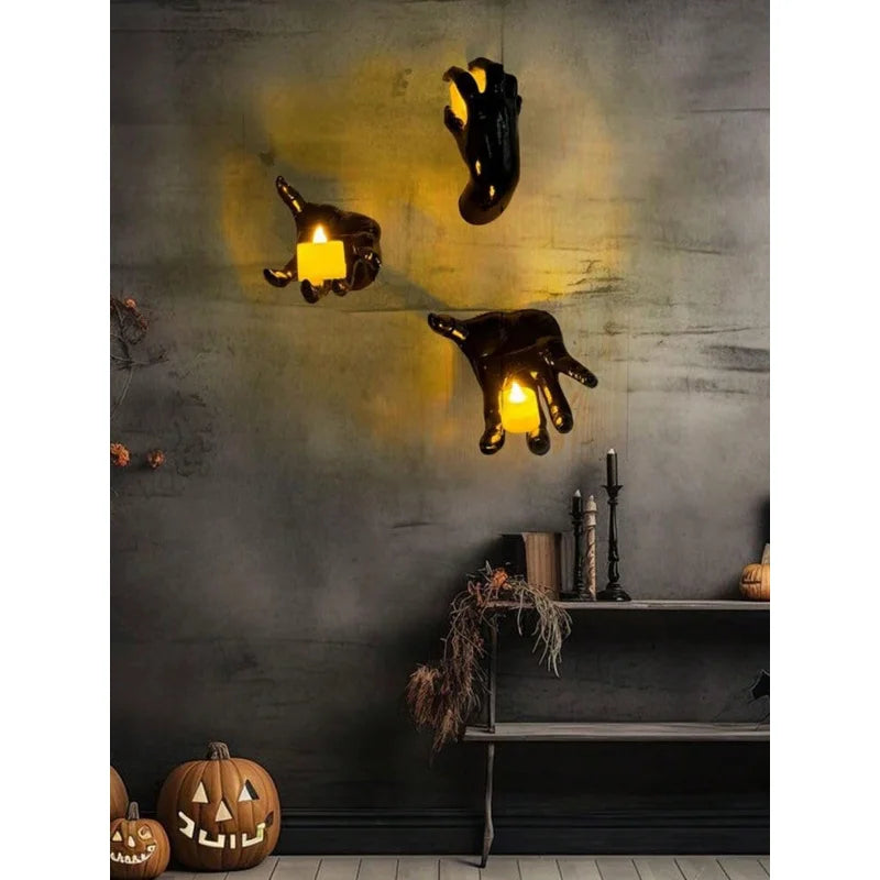 Wall Mounted Creepy Hands with Lighted Candles, Spooky Halloween Decoration, Gothic Hanging Wall Art for Home