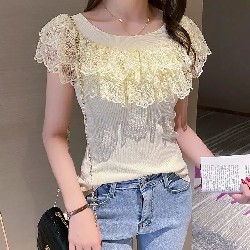 Casual Summer Lace Tops T-shirts Women 2024 Fashion Elastic White Black Purple Top Sexy Ladies Kawaii T Shirts Korean Clothes