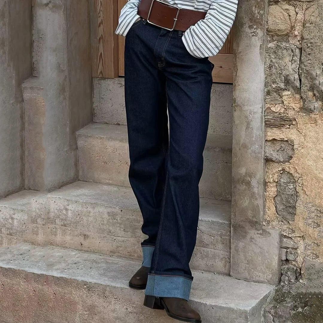 Wide-Leg Cuffed Denim Jeans – Classic High-Waisted Casual Fit in Multiple Washes