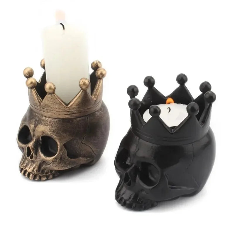3D Crown Skull Candle Holder Resin Skull Candlestick Halloween Decoration Skeleton Candle Base Home Halloween Decor Supplies