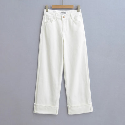 Wide-Leg Cuffed Denim Jeans – Classic High-Waisted Casual Fit in Multiple Washes