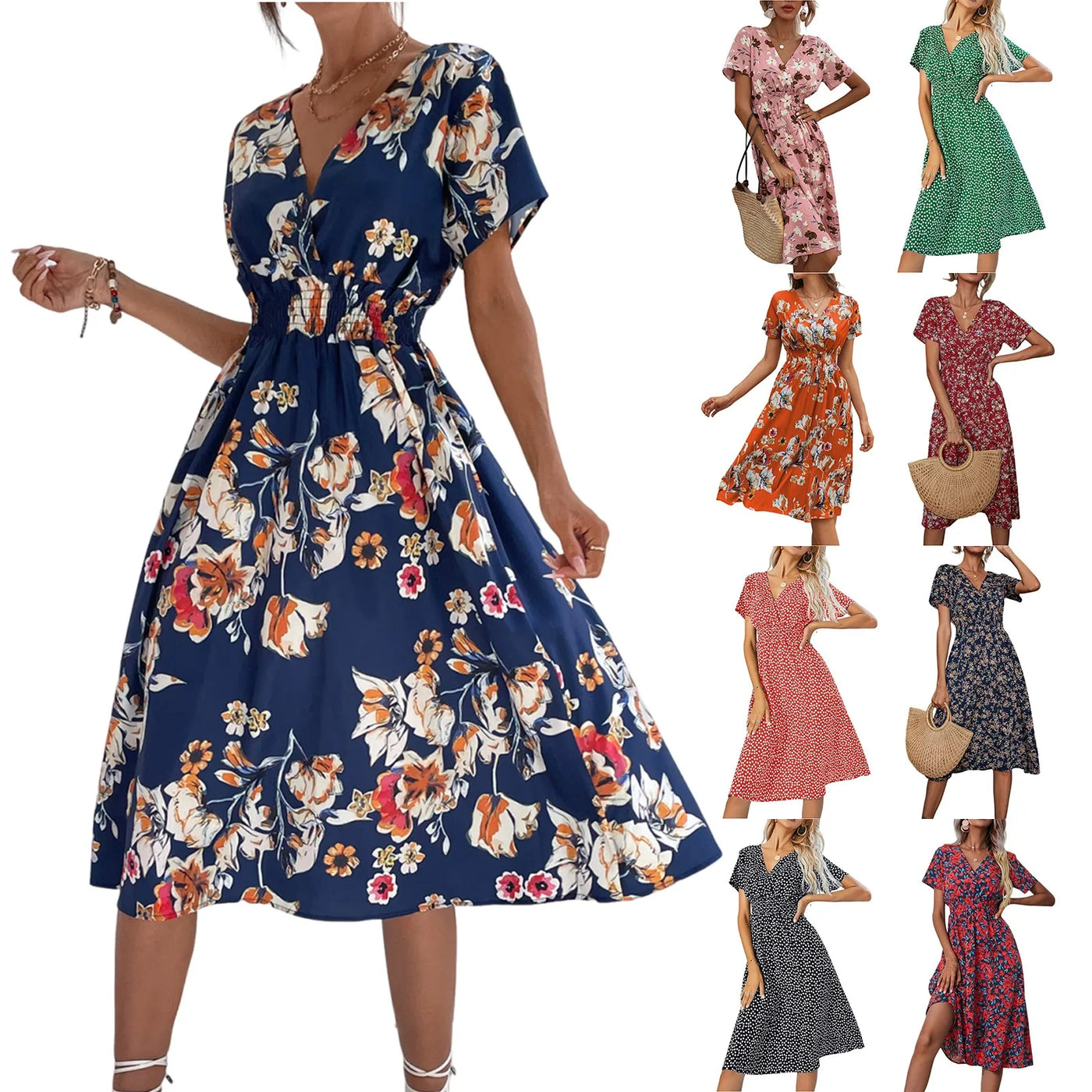 Casual small floral printed dresses for women v-neck short sleeve slim waist dress elegant and fashionable women's dress