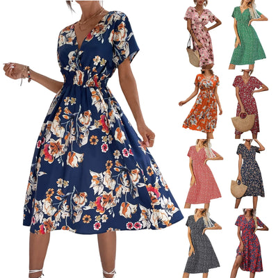 Casual small floral printed dresses for women v-neck short sleeve slim waist dress elegant and fashionable women's dress