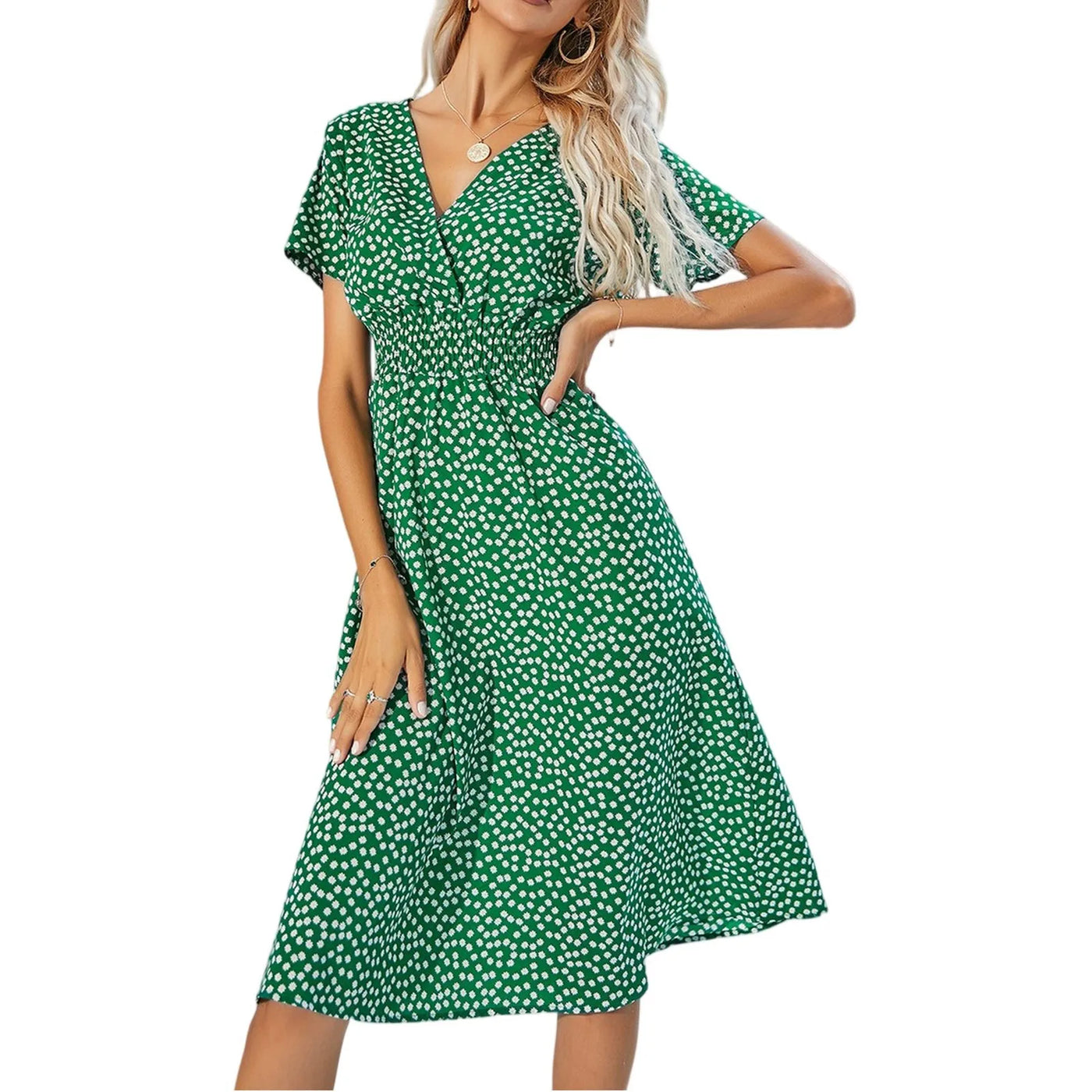Casual small floral printed dresses for women v-neck short sleeve slim waist dress elegant and fashionable women's dress