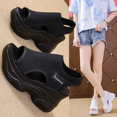 Women's Sandals  Summer Wedge Heel Elastic Cloth Cover Foot Ladies Sandals Thick-soled Fashion Trifle Elevation Casual Shoes