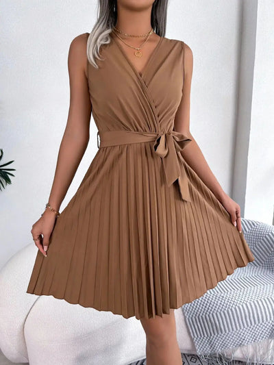 Casual V Neck Solid Sleeveless Versatile Pleated Dress, Women's Clothing