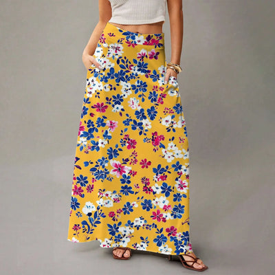 Summer casual skirt for women high waisted stretch printed skirt with pockets loose flowing long skirts fashion beach skirt