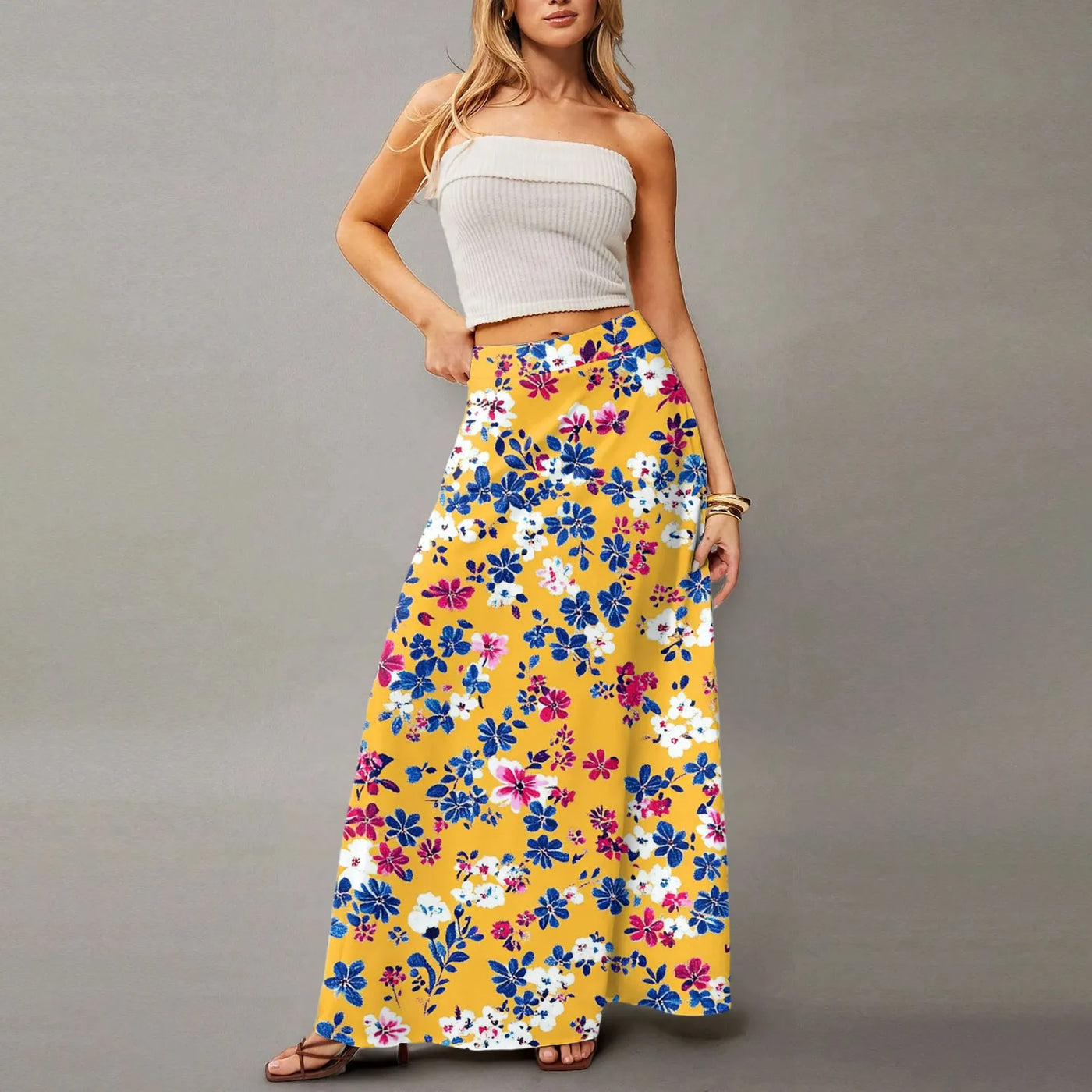 Summer casual skirt for women high waisted stretch printed skirt with pockets loose flowing long skirts fashion beach skirt