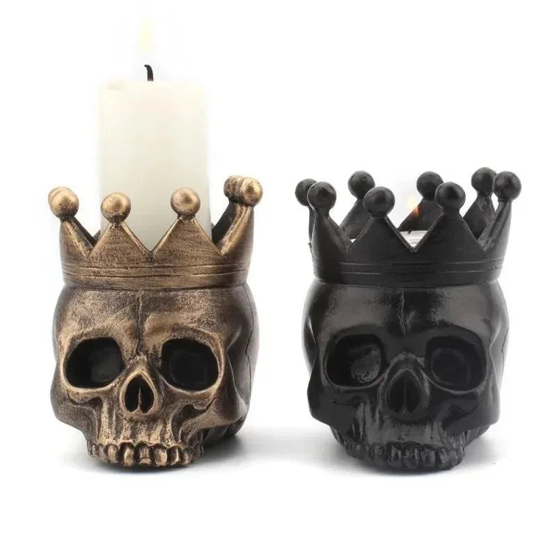 3D Crown Skull Candle Holder Resin Skull Candlestick Halloween Decoration Skeleton Candle Base Home Halloween Decor Supplies