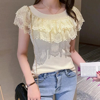 Casual Summer Lace Tops T-shirts Women 2024 Fashion Elastic White Black Purple Top Sexy Ladies Kawaii T Shirts Korean Clothes