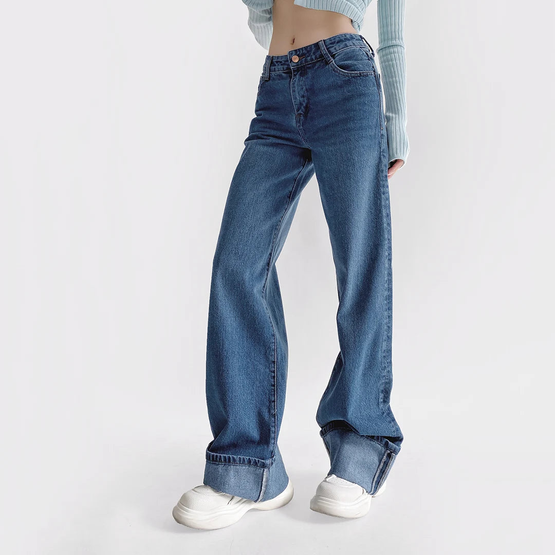 Wide-Leg Cuffed Denim Jeans – Classic High-Waisted Casual Fit in Multiple Washes