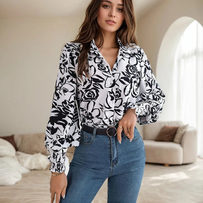 Casual Streetwear Top for Women Summer Elegant Flower Printed Lantern Sleeve Shirt Fashion Lapel Long Sleeved Button Blouses