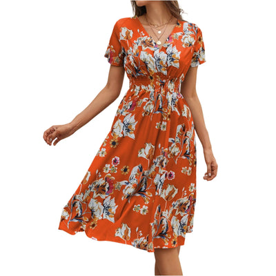 Casual small floral printed dresses for women v-neck short sleeve slim waist dress elegant and fashionable women's dress