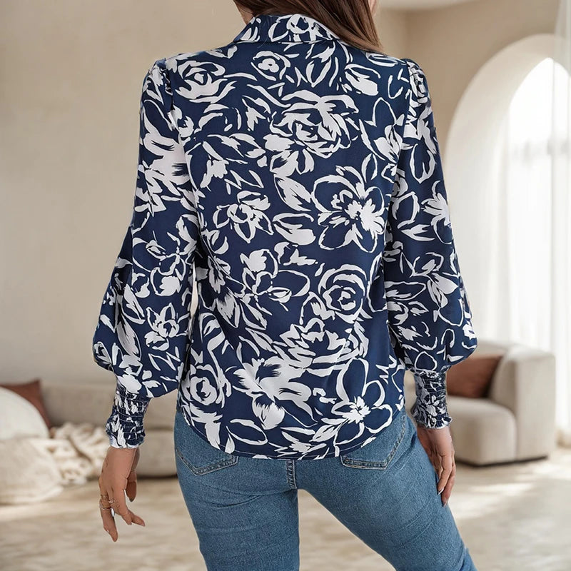 Casual Streetwear Top for Women Summer Elegant Flower Printed Lantern Sleeve Shirt Fashion Lapel Long Sleeved Button Blouses