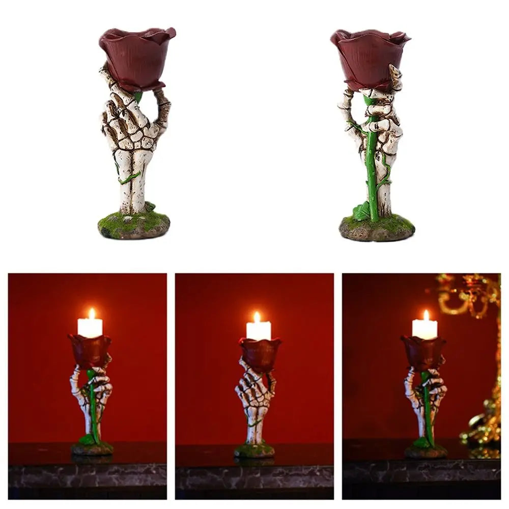 Gothic Style Skull Candle Holders Resin Rose Flower Skeleton Hand Craft Realistic Skull Candlesticks Party Decoration