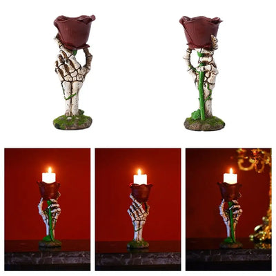 Gothic Style Skull Candle Holders Resin Rose Flower Skeleton Hand Craft Realistic Skull Candlesticks Party Decoration