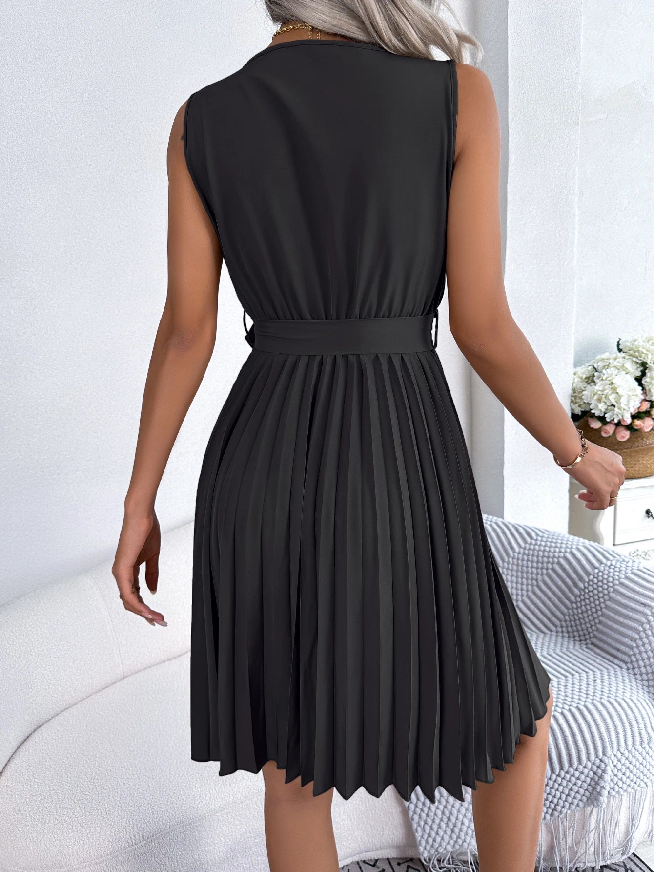 Casual V Neck Solid Sleeveless Versatile Pleated Dress, Women's Clothing