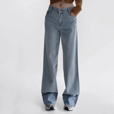 Wide-Leg Cuffed Denim Jeans – Classic High-Waisted Casual Fit in Multiple Washes