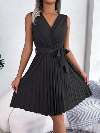 Casual V Neck Solid Sleeveless Versatile Pleated Dress, Women's Clothing
