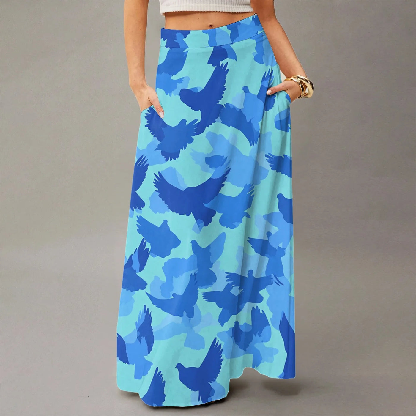 Summer casual skirt for women high waisted stretch printed skirt with pockets loose flowing long skirts fashion beach skirt