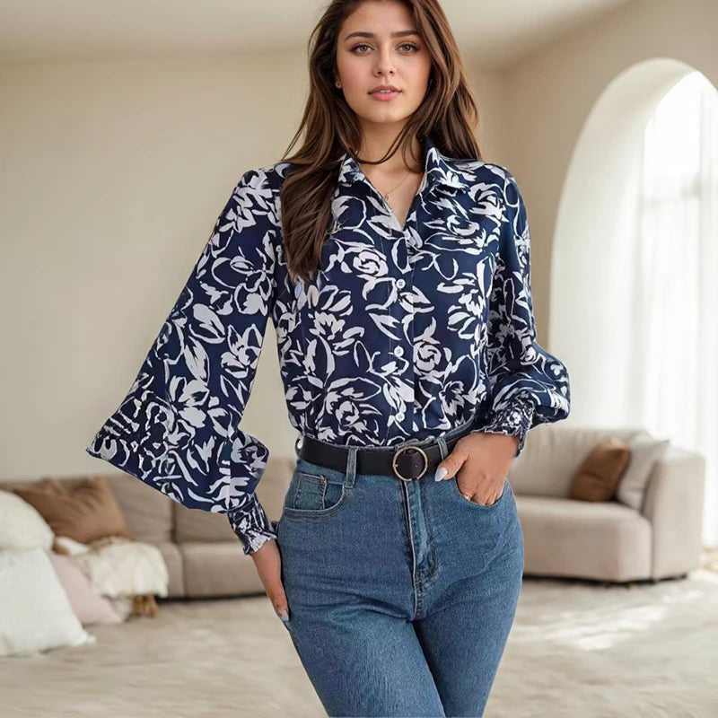 Casual Streetwear Top for Women Summer Elegant Flower Printed Lantern Sleeve Shirt Fashion Lapel Long Sleeved Button Blouses