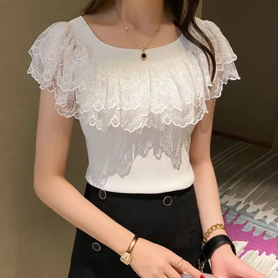 Casual Summer Lace Tops T-shirts Women 2024 Fashion Elastic White Black Purple Top Sexy Ladies Kawaii T Shirts Korean Clothes