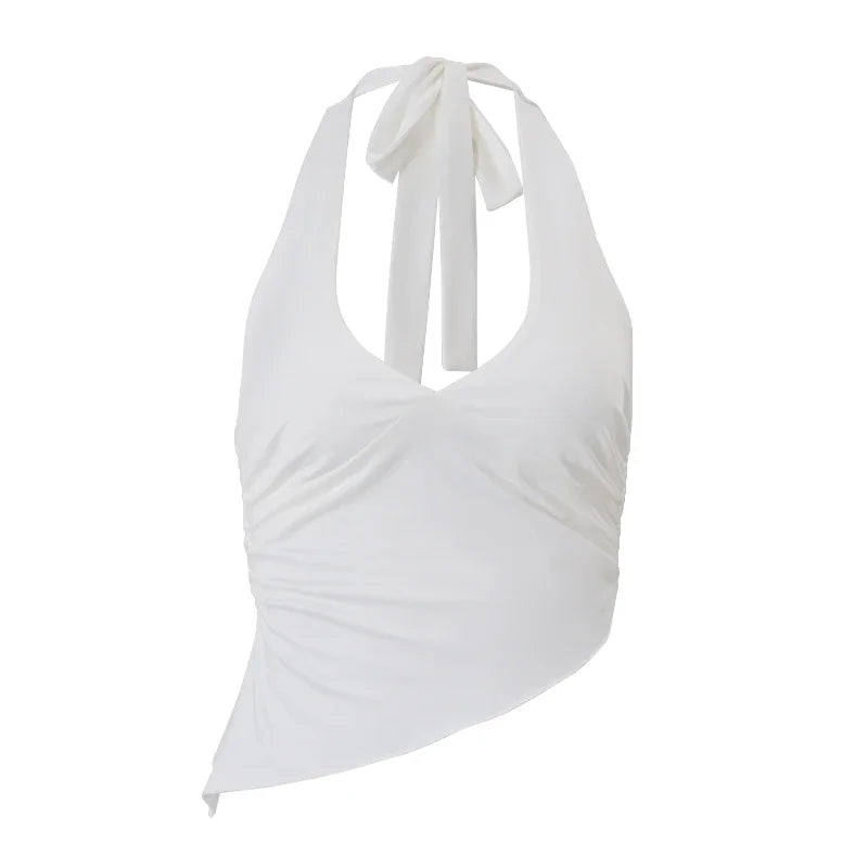 Casual Solid V-neck Halter Crop Tops Elegant Sleeveless Slim Summer Camisole Formal Streetwear Women Daily Sporty Vest