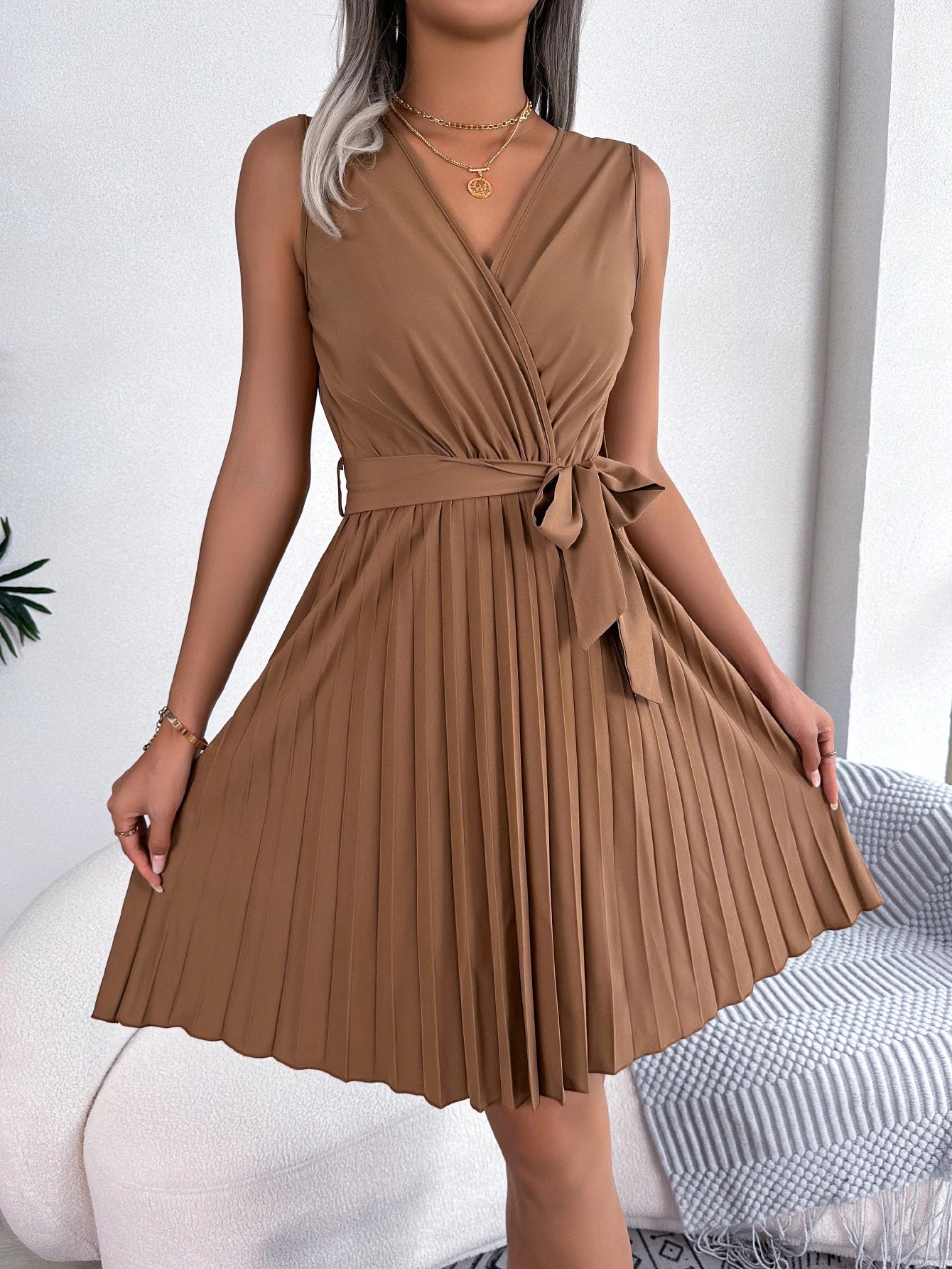 Casual V Neck Solid Sleeveless Versatile Pleated Dress, Women's Clothing