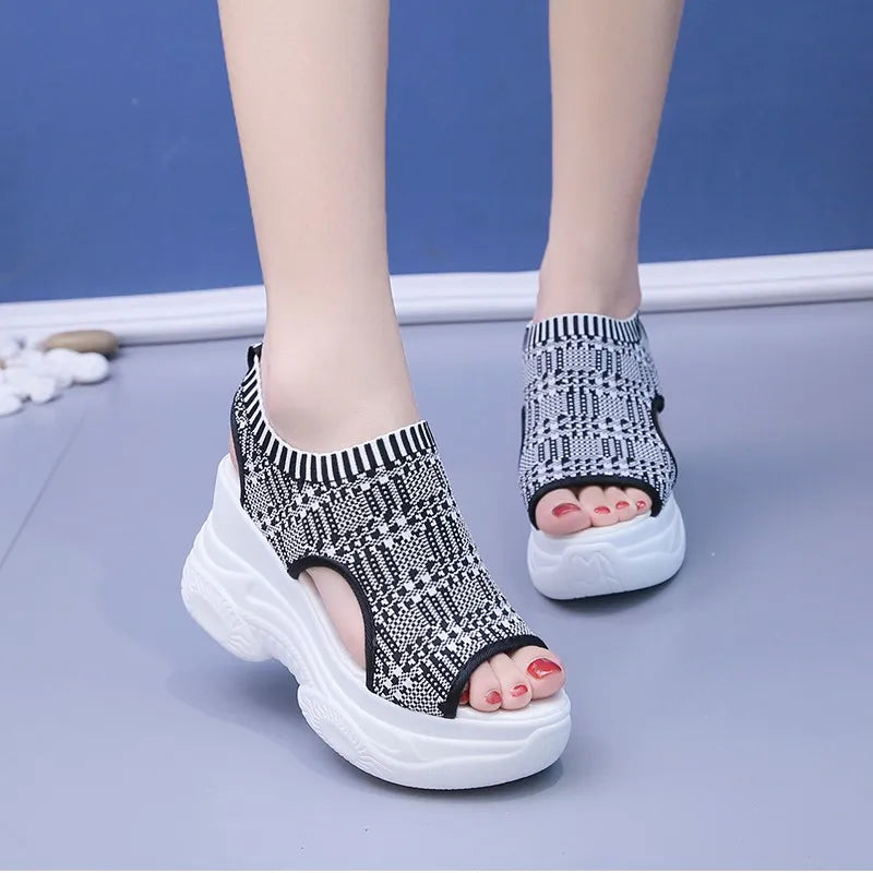 Women's Sandals  Summer Wedge Heel Elastic Cloth Cover Foot Ladies Sandals Thick-soled Fashion Trifle Elevation Casual Shoes