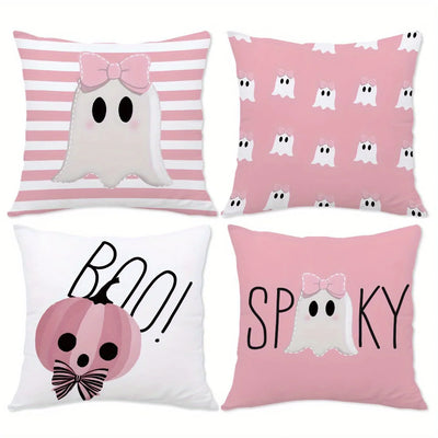 [Halloween Throw Pillow Covers] 4pcs Autumn Halloween Cute Pink Illustration Pillow Covers,Suitable for Living Room Sofa Bedroom
