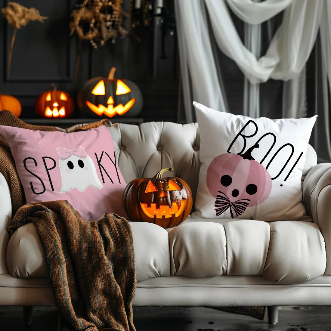 [Halloween Throw Pillow Covers] 4pcs Autumn Halloween Cute Pink Illustration Pillow Covers,Suitable for Living Room Sofa Bedroom