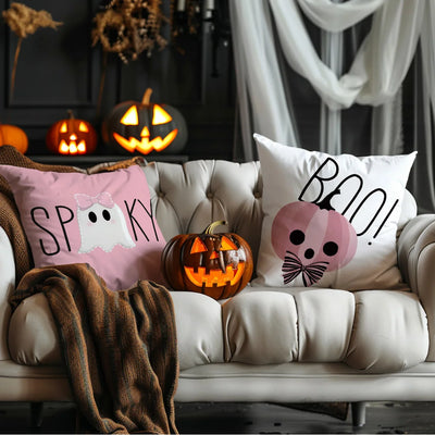 [Halloween Throw Pillow Covers] 4pcs Autumn Halloween Cute Pink Illustration Pillow Covers,Suitable for Living Room Sofa Bedroom