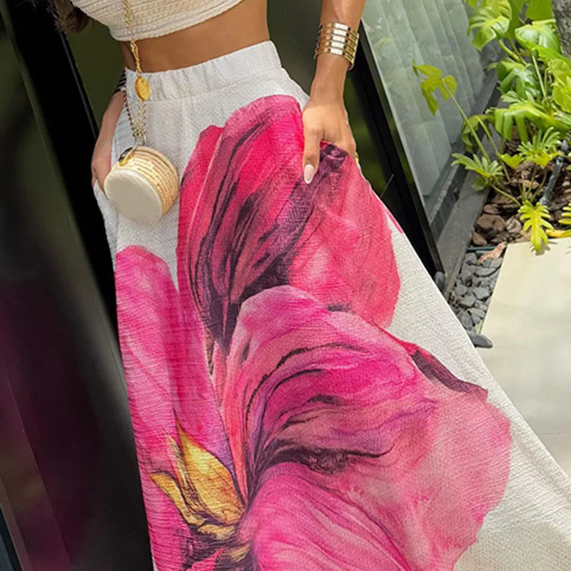 Casual Flower Printed Skirt For Women Fashion High Waist A-line Big Hem Long Skirt Summer New Seaside Vacation Style Skirt