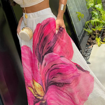 Casual Flower Printed Skirt For Women Fashion High Waist A-line Big Hem Long Skirt Summer New Seaside Vacation Style Skirt