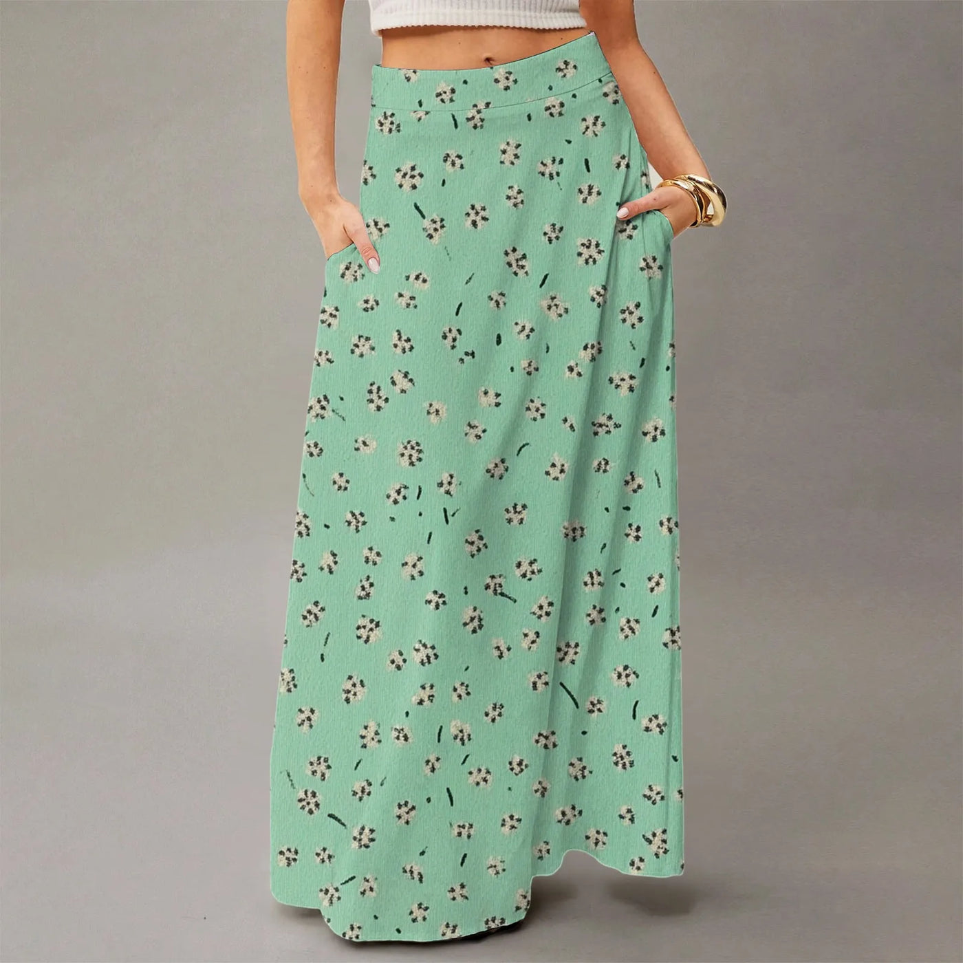 Summer casual skirt for women high waisted stretch printed skirt with pockets loose flowing long skirts fashion beach skirt