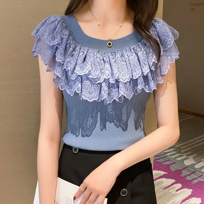 Casual Summer Lace Tops T-shirts Women 2024 Fashion Elastic White Black Purple Top Sexy Ladies Kawaii T Shirts Korean Clothes