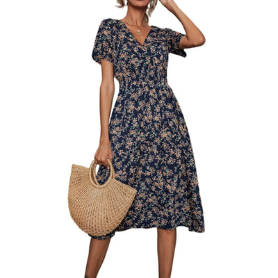 Casual small floral printed dresses for women v-neck short sleeve slim waist dress elegant and fashionable women's dress