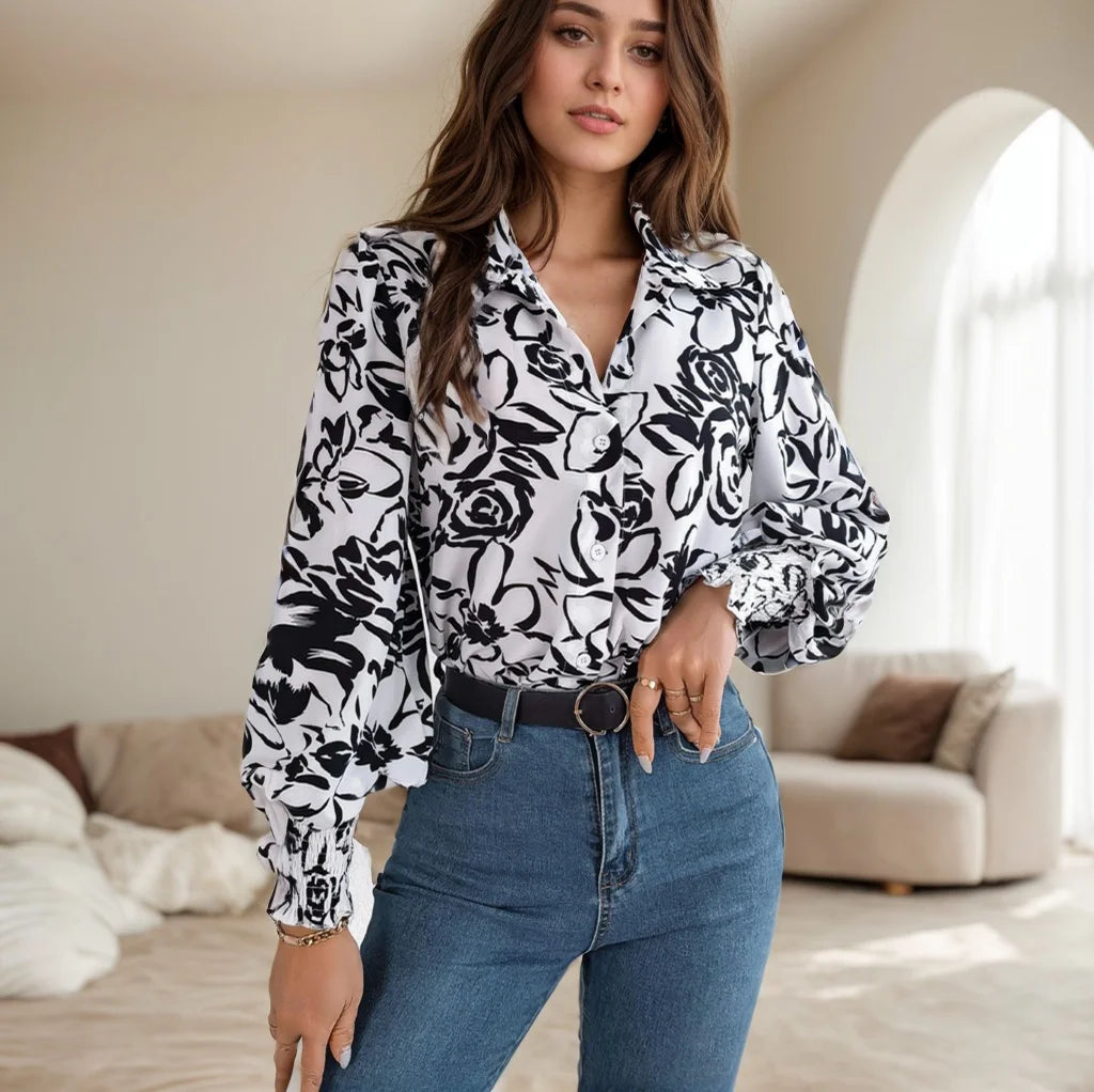 Casual Streetwear Top for Women Summer Elegant Flower Printed Lantern Sleeve Shirt Fashion Lapel Long Sleeved Button Blouses