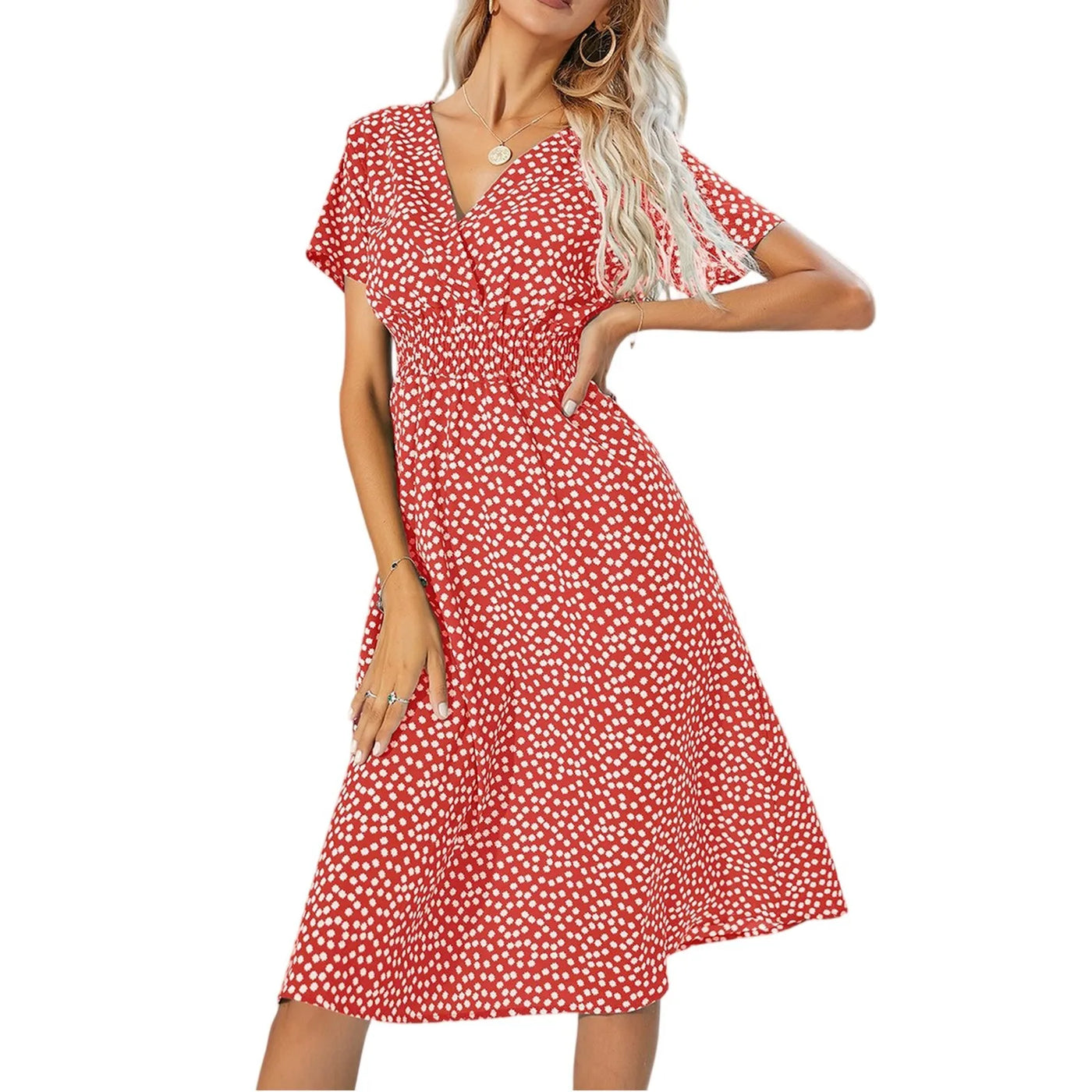 Casual small floral printed dresses for women v-neck short sleeve slim waist dress elegant and fashionable women's dress