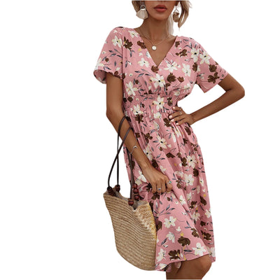 Casual small floral printed dresses for women v-neck short sleeve slim waist dress elegant and fashionable women's dress